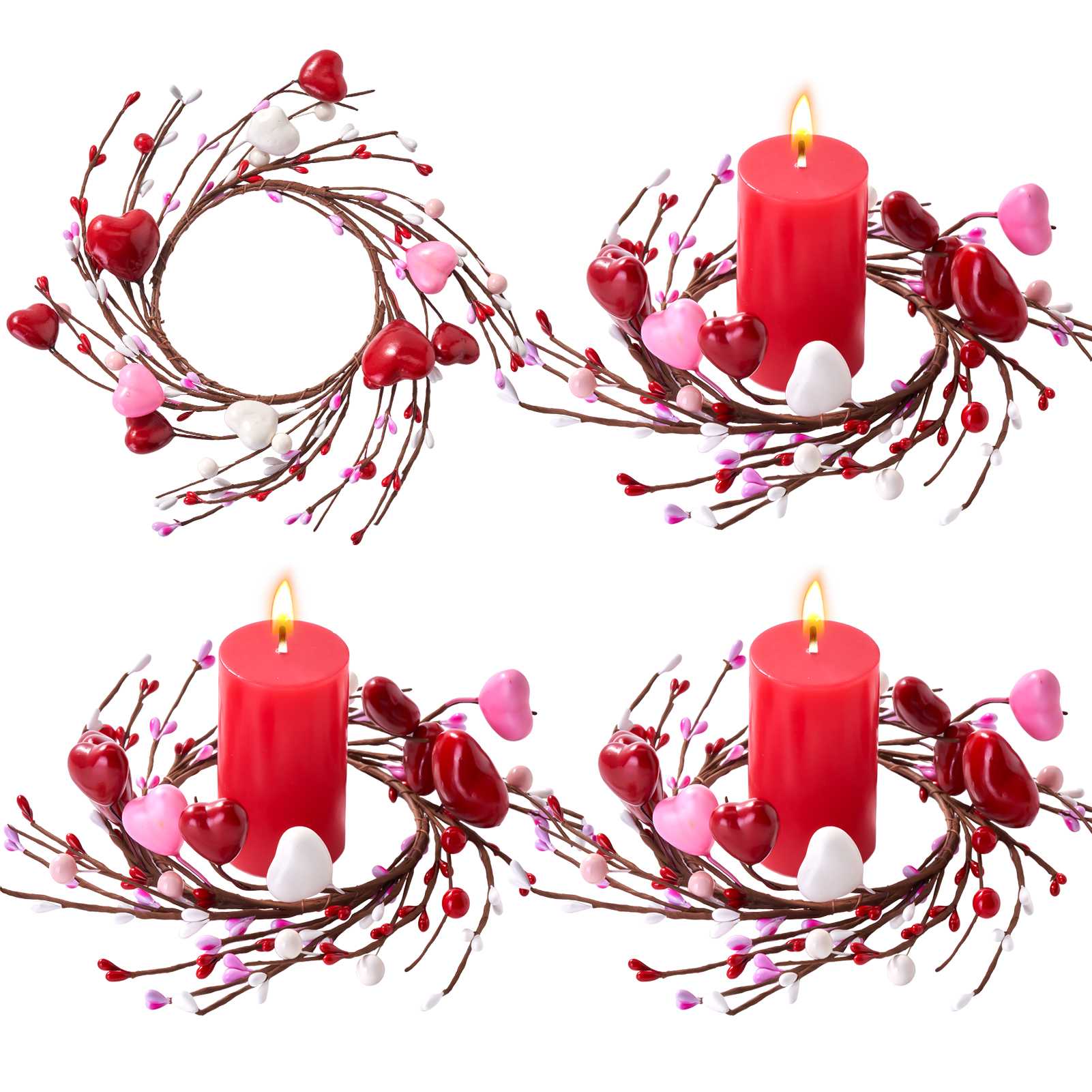 Folrane Spring Valentine Candle Rings, 4 Pcs Tulip Small Mini Wreaths for Indoor Kitchen Cabinets, Easter Candle Rings Wreaths 4 Inch Center, Spring Valentines Day Easter Table Decor