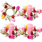 Folrane Spring Valentine Candle Rings, 4 Pcs Tulip Small Mini Wreaths for Indoor Kitchen Cabinets, Easter Candle Rings Wreaths 4 Inch Center, Spring Valentines Day Easter Table Decor