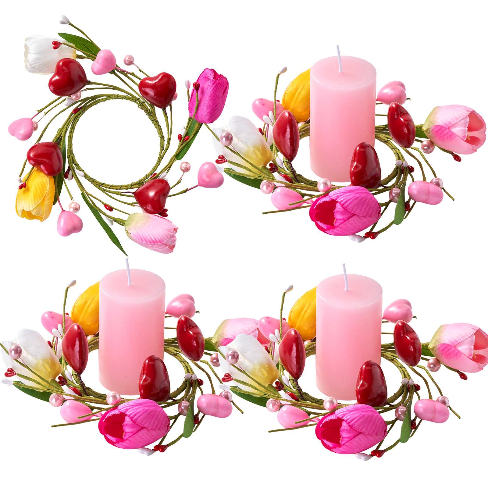 Folrane Spring Valentine Candle Rings, 4 Pcs Tulip Small Mini Wreaths for Indoor Kitchen Cabinets, Easter Candle Rings Wreaths 4 Inch Center, Spring Valentines Day Easter Table Decor