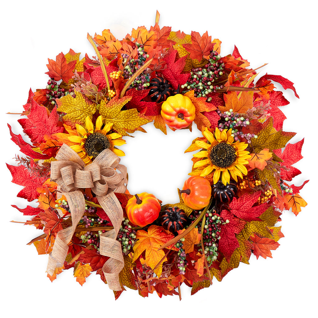 Folrane Fall Wreaths for Front Door Outside, 20 Inch Autumn Pumpkin Sunflower Wreaths with Burlap Bows