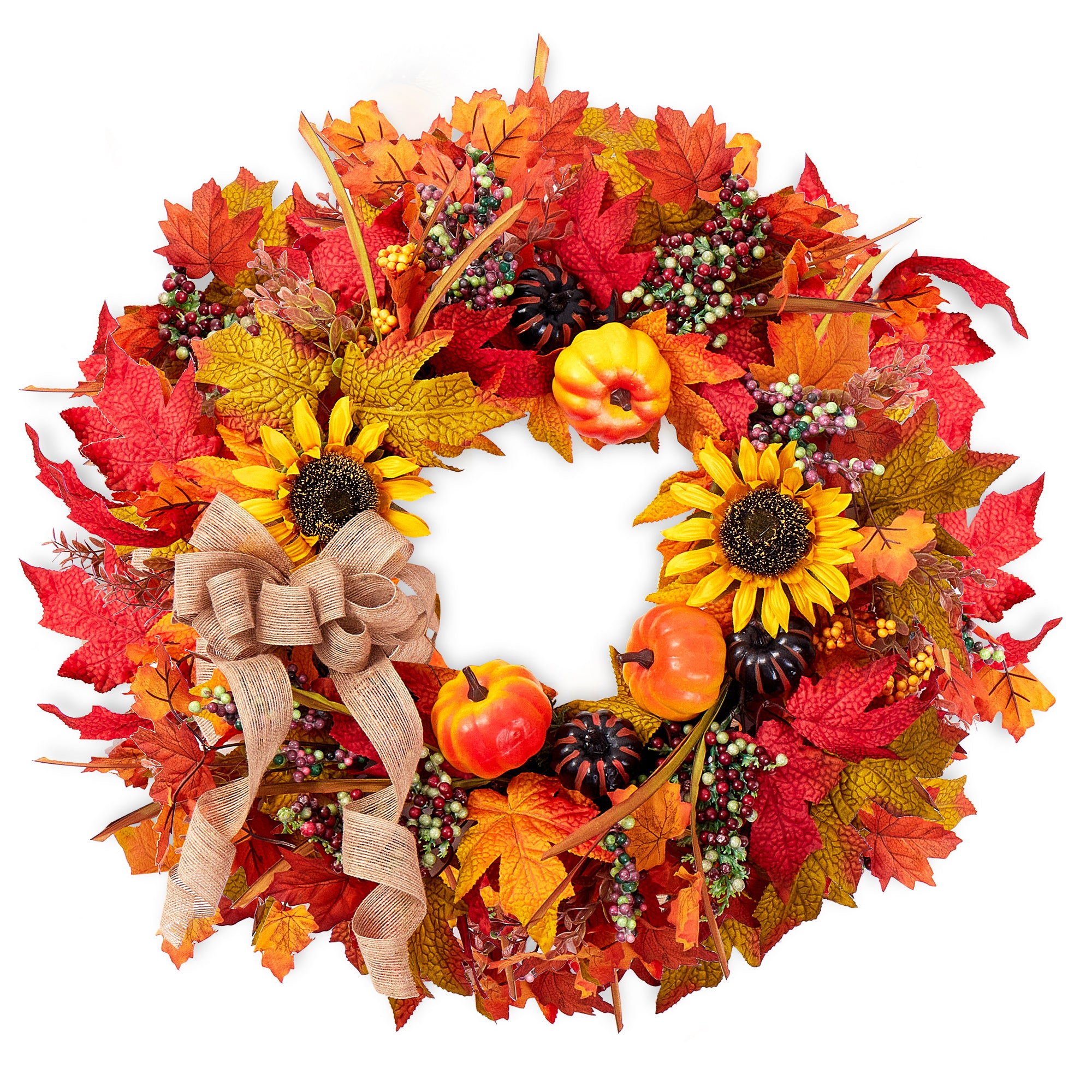 Folrane Fall Wreaths for Front Door Outside, 20 Inch Autumn Pumpkin Sunflower Wreaths with Burlap Bows