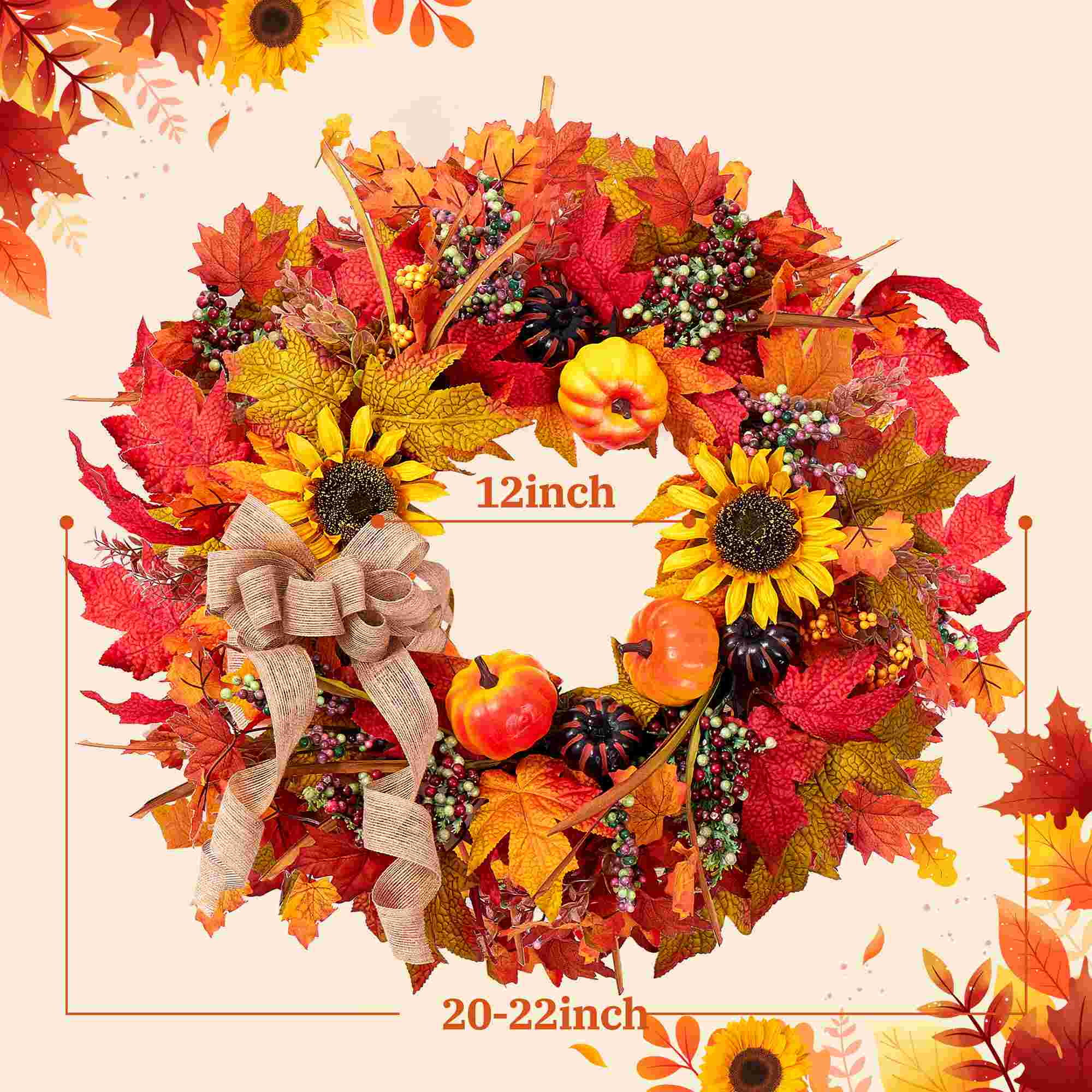 Folrane Fall Wreaths for Front Door Outside, 20 Inch Autumn Pumpkin Sunflower Wreaths with Burlap Bows