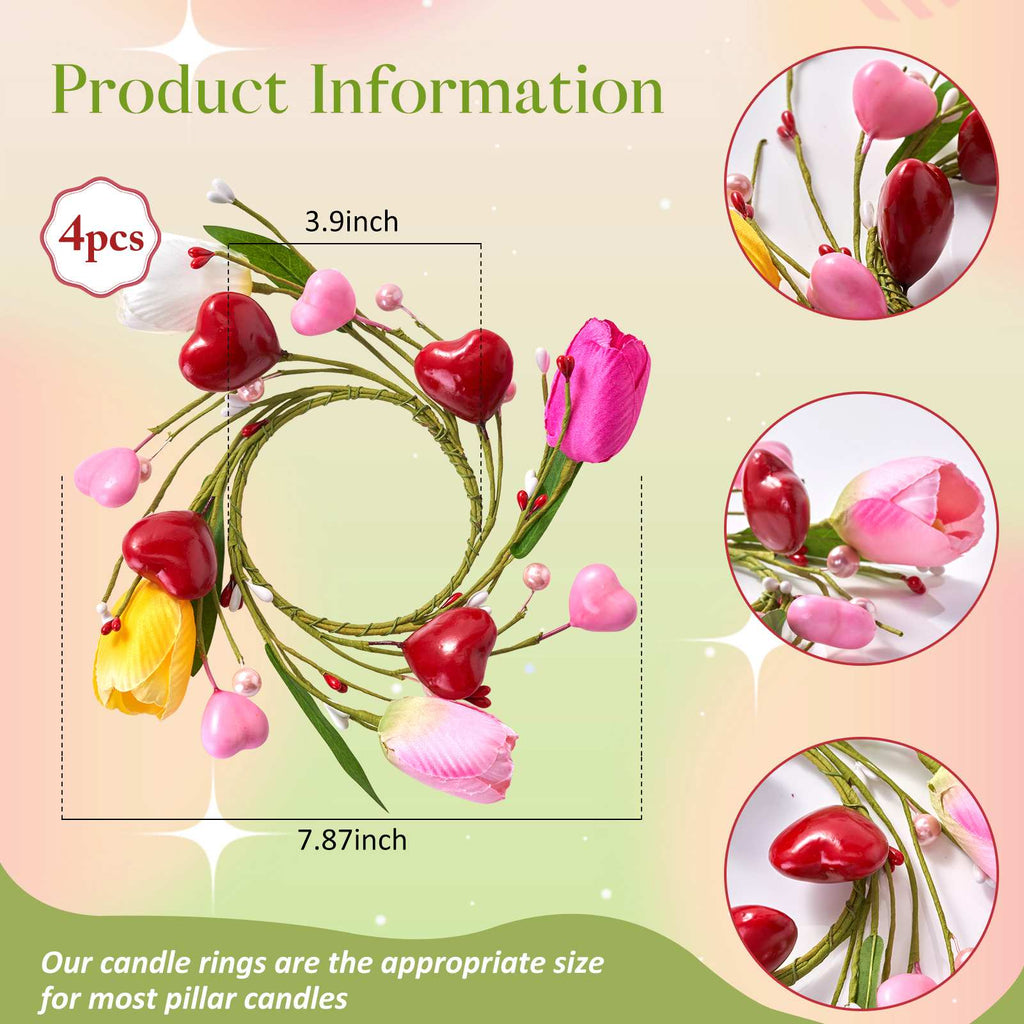 Folrane Spring Valentine Candle Rings, 4 Pcs Tulip Small Mini Wreaths for Indoor Kitchen Cabinets, Easter Candle Rings Wreaths 4 Inch Center, Spring Valentines Day Easter Table Decor