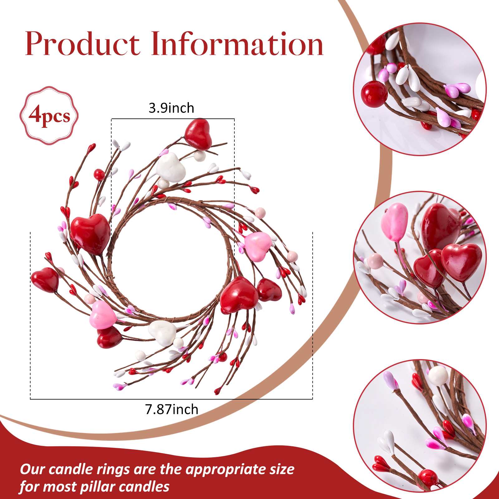 Folrane Spring Valentine Candle Rings, 4 Pcs Tulip Small Mini Wreaths for Indoor Kitchen Cabinets, Easter Candle Rings Wreaths 4 Inch Center, Spring Valentines Day Easter Table Decor