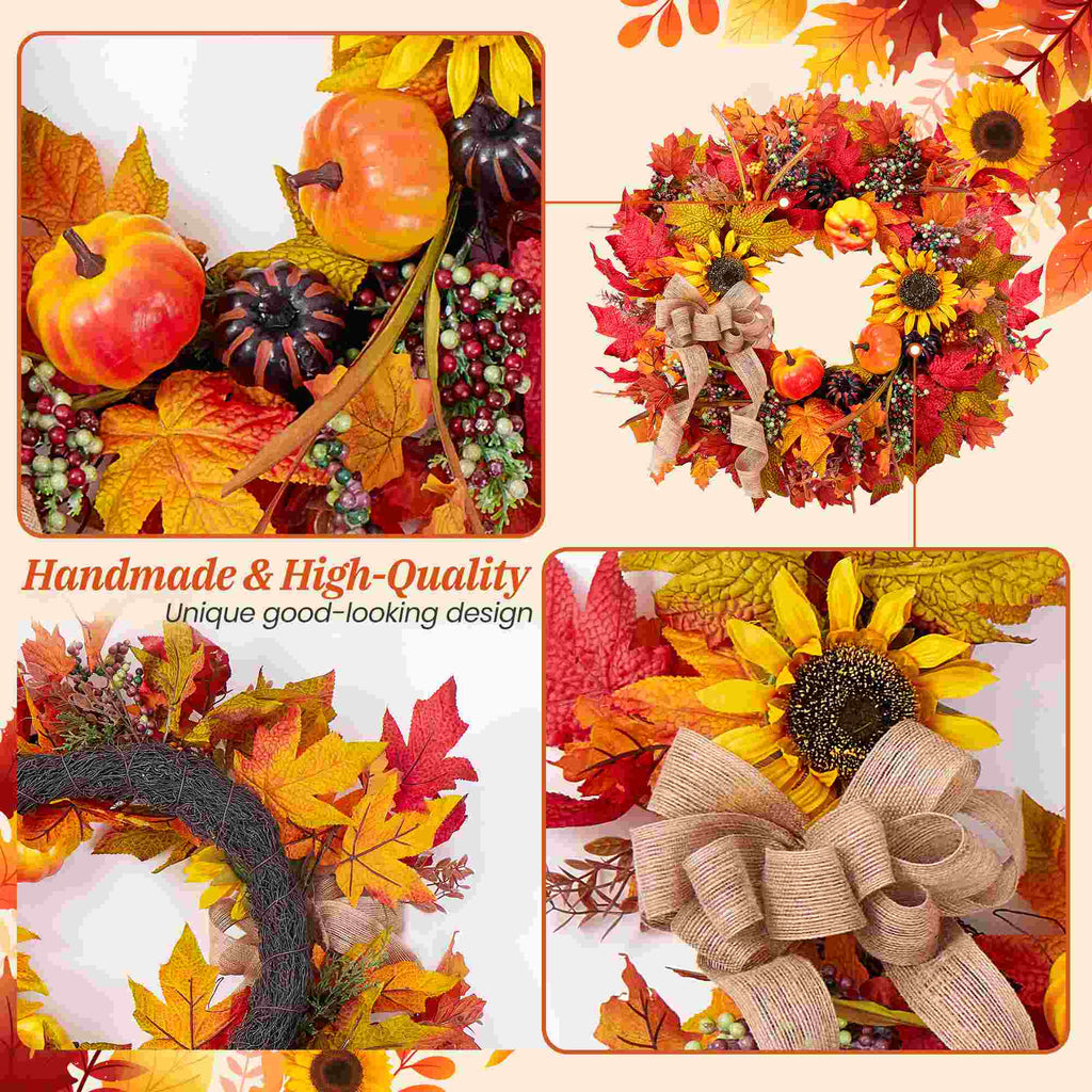 Folrane Fall Wreaths for Front Door Outside, 20 Inch Autumn Pumpkin Sunflower Wreaths with Burlap Bows