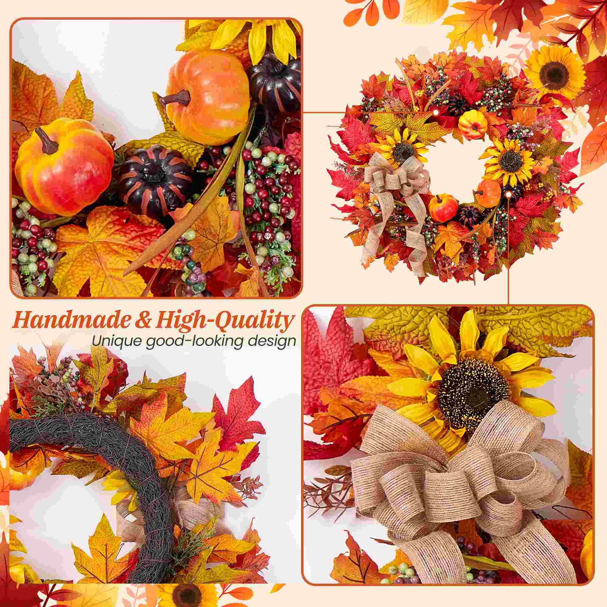 Folrane Fall Wreaths for Front Door Outside, 20 Inch Autumn Pumpkin Sunflower Wreaths with Burlap Bows