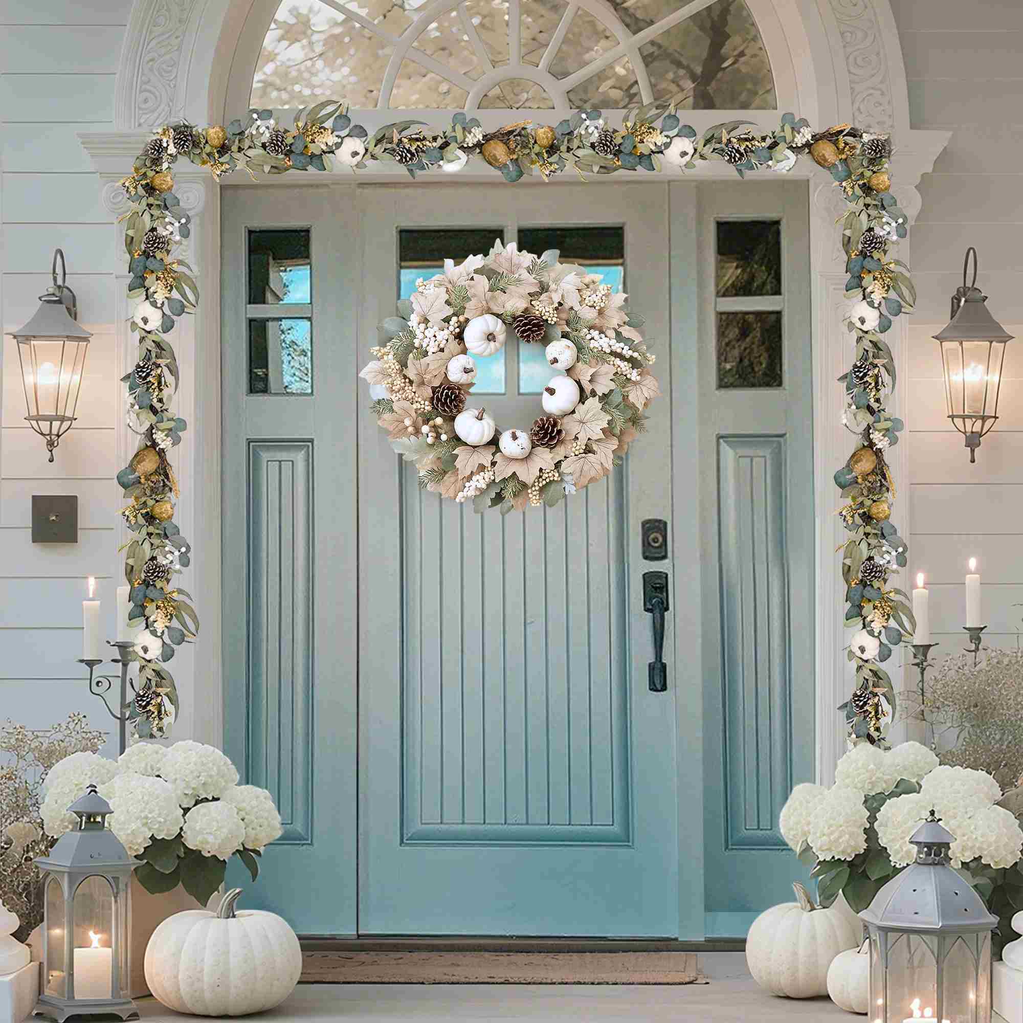 Folrane Fall Wreaths for Front Door Outside, 20 Inch Autumn Pumpkin Sunflower Wreaths with Burlap Bows, Fall Harvest Thanksgiving Wreath for Farmhouse Indoor Outdoor for Home Front Door Porch Fall Decor