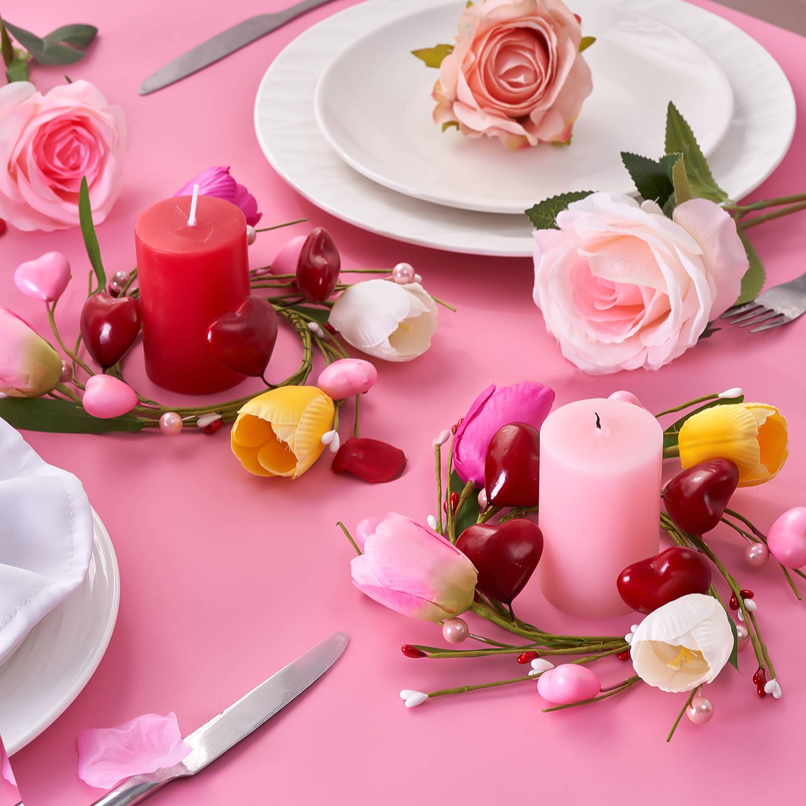 Folrane Spring Valentine Candle Rings, 4 Pcs Tulip Small Mini Wreaths for Indoor Kitchen Cabinets, Easter Candle Rings Wreaths 4 Inch Center, Spring Valentines Day Easter Table Decor