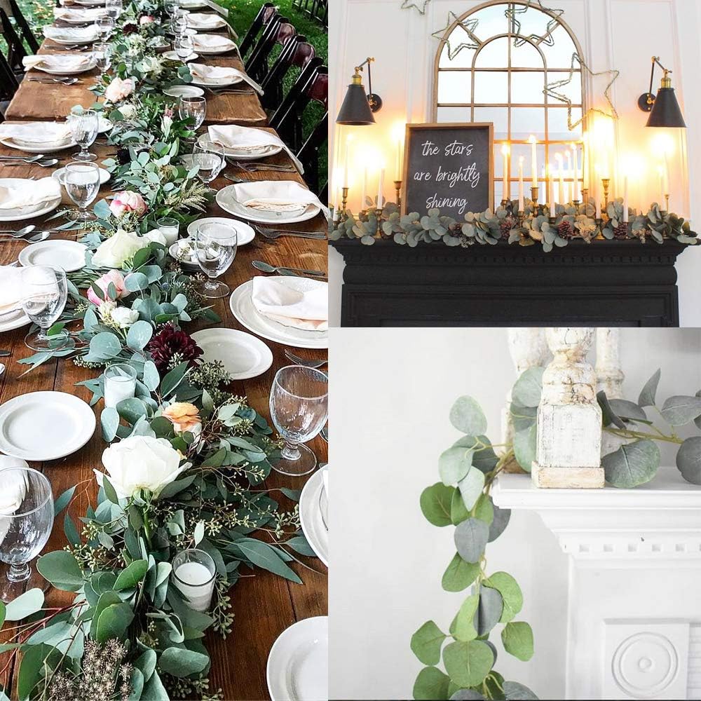 Folrane Artificial Eucalyptus Garland Faux Leaf Silver Dollar Eucalyptus Leaves Vines Handmade Garland Greenery Wedding Backdrop Indoor Outdoor Arch Wall Decoration