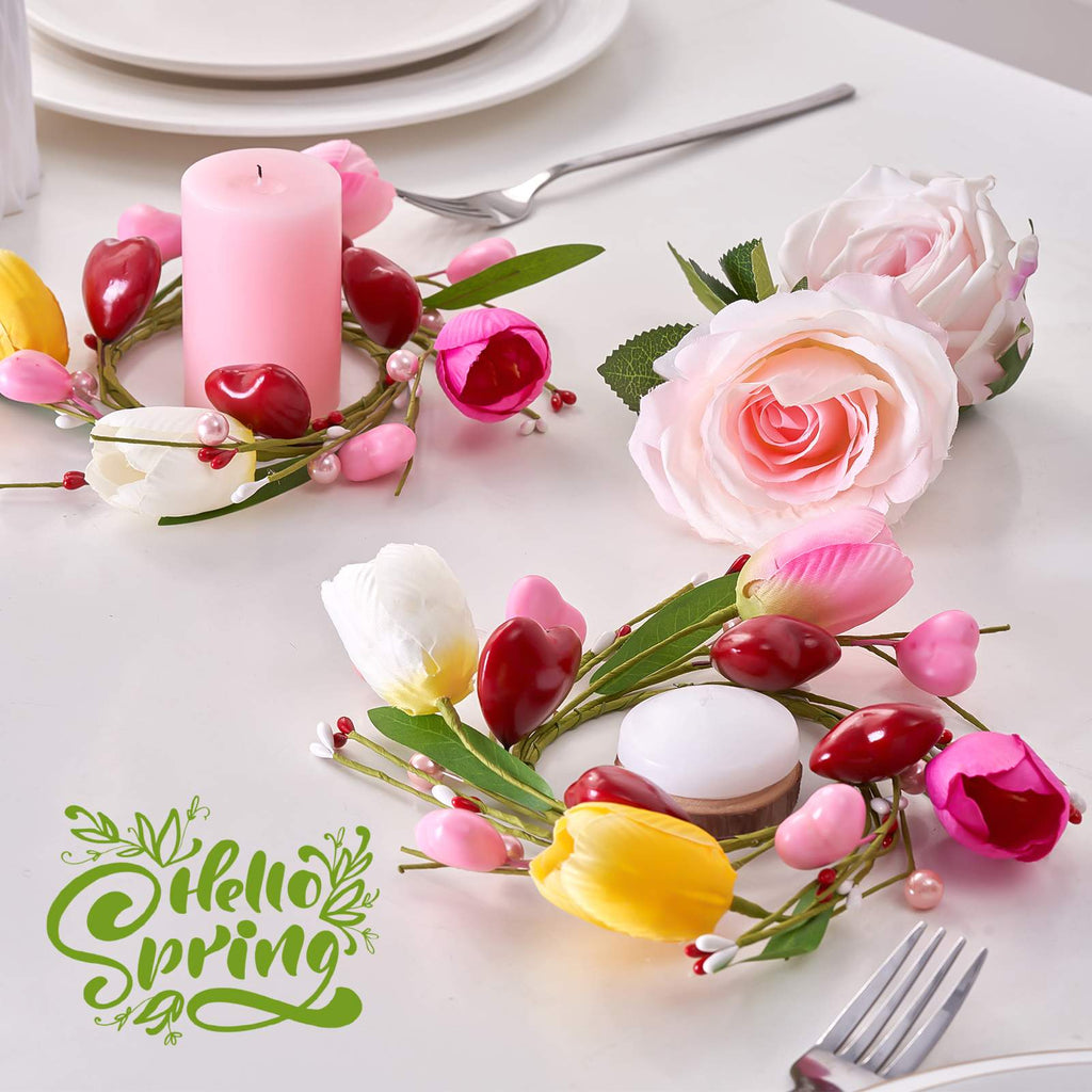 Folrane Spring Valentine Candle Rings, 4 Pcs Tulip Small Mini Wreaths for Indoor Kitchen Cabinets, Easter Candle Rings Wreaths 4 Inch Center, Spring Valentines Day Easter Table Decor