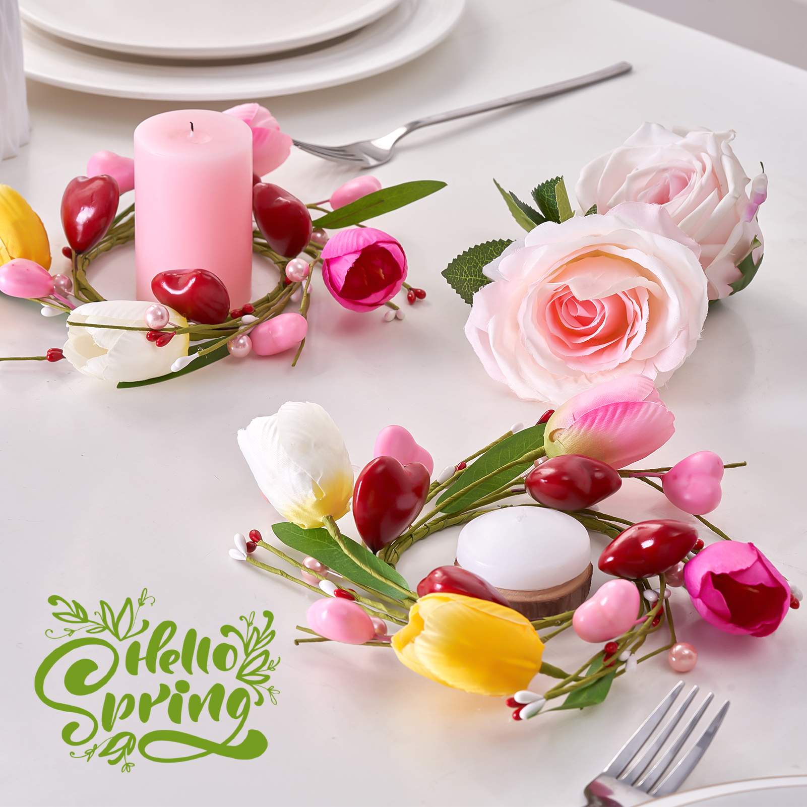 Folrane Spring Valentine Candle Rings, 4 Pcs Tulip Small Mini Wreaths for Indoor Kitchen Cabinets, Easter Candle Rings Wreaths 4 Inch Center, Spring Valentines Day Easter Table Decor