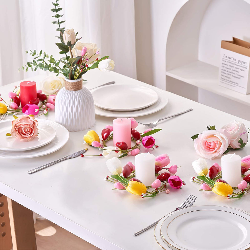 Folrane Spring Valentine Candle Rings, 4 Pcs Tulip Small Mini Wreaths for Indoor Kitchen Cabinets, Easter Candle Rings Wreaths 4 Inch Center, Spring Valentines Day Easter Table Decor